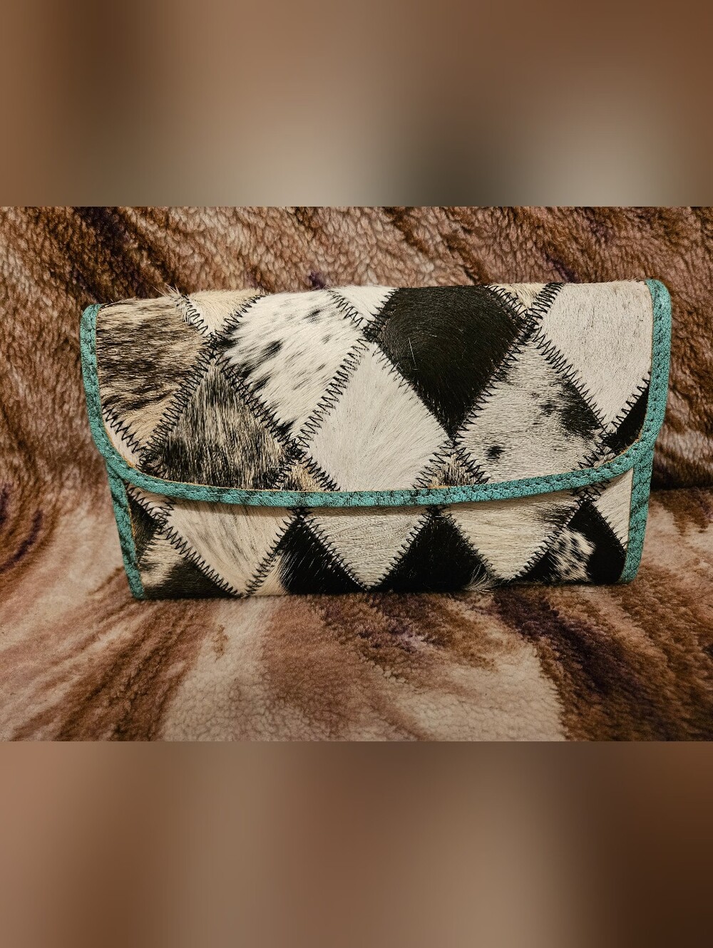 Black & White Patchwork Haircalf Clutch with Turquoise Trim